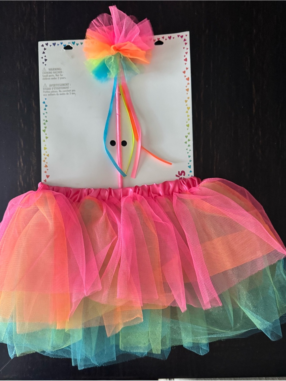 Claire's Pink Rainbow Tulle Tutu Skirt with Matching Pom Wand